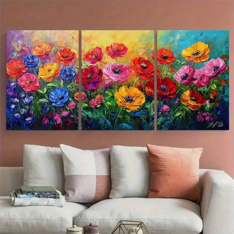 3pcs Colorful Flower Bright Garden Abstract Design Metal Print Ready to Hang Art
