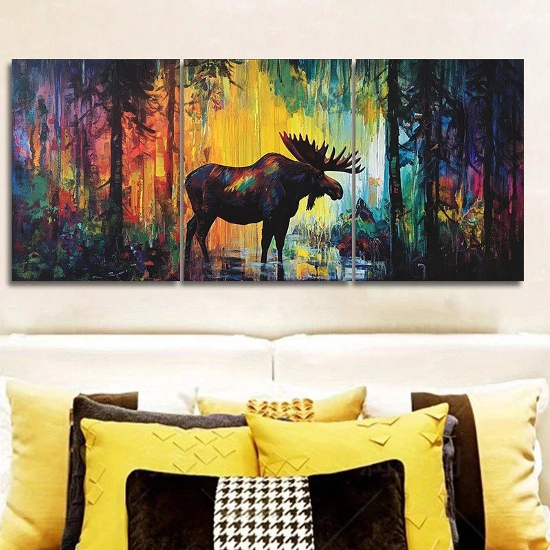 3pcs Moose Forest Colourful Yellow Metal Print Ready to Hang Art