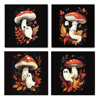 4pcs Cute Mushroom & Autumn LeavesWall Art Canvas Framed