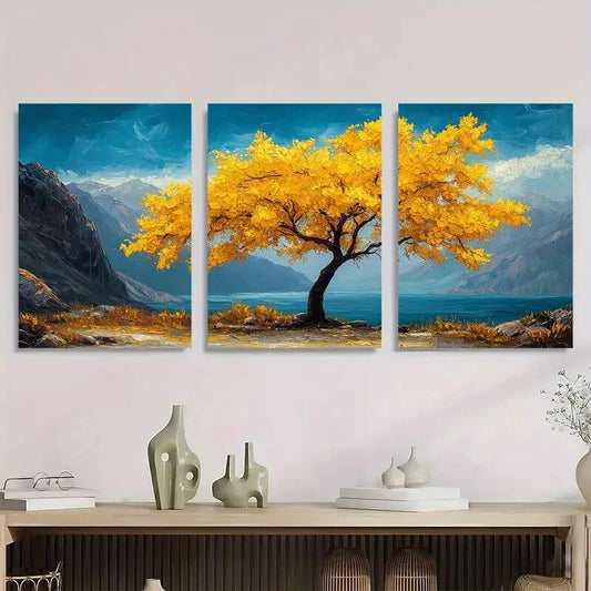 3pcs Vibrant Autumn Tree Mountain & Lake View Metal Print Ready to Hang Art