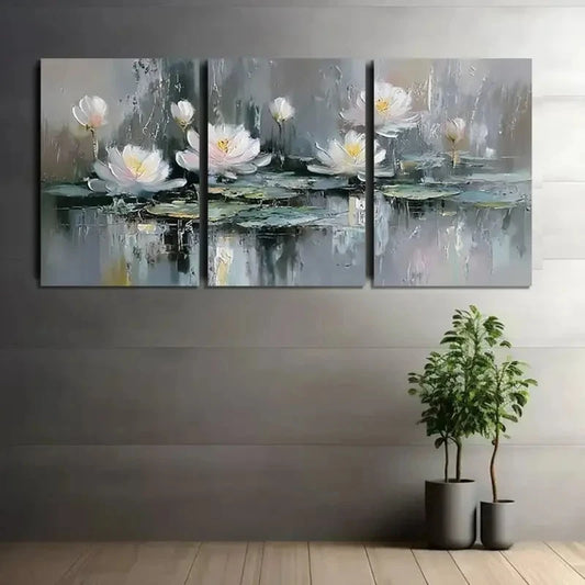 3pcs Abstract White for Lotus and Lily Pond Metal Print Ready to Hang Art