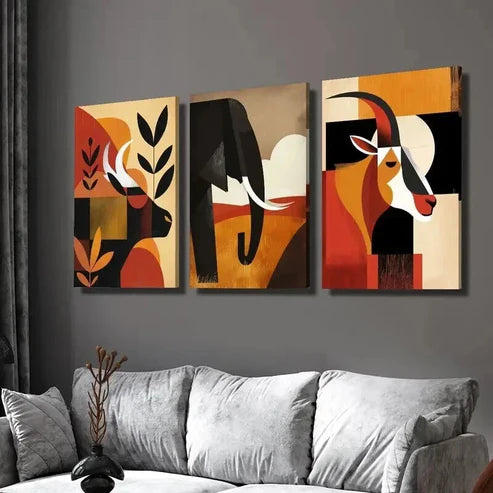 3pcs Cattle Goat & Elephant Geometric Design Wall Art Set Canvas Unframed - High Quality Print 100% Australian Made Wall Canvas