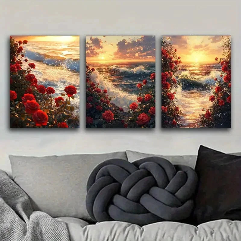 3pcs Sunset Seascape with Vibrant Red Roses Metal Print Ready to Hang Art