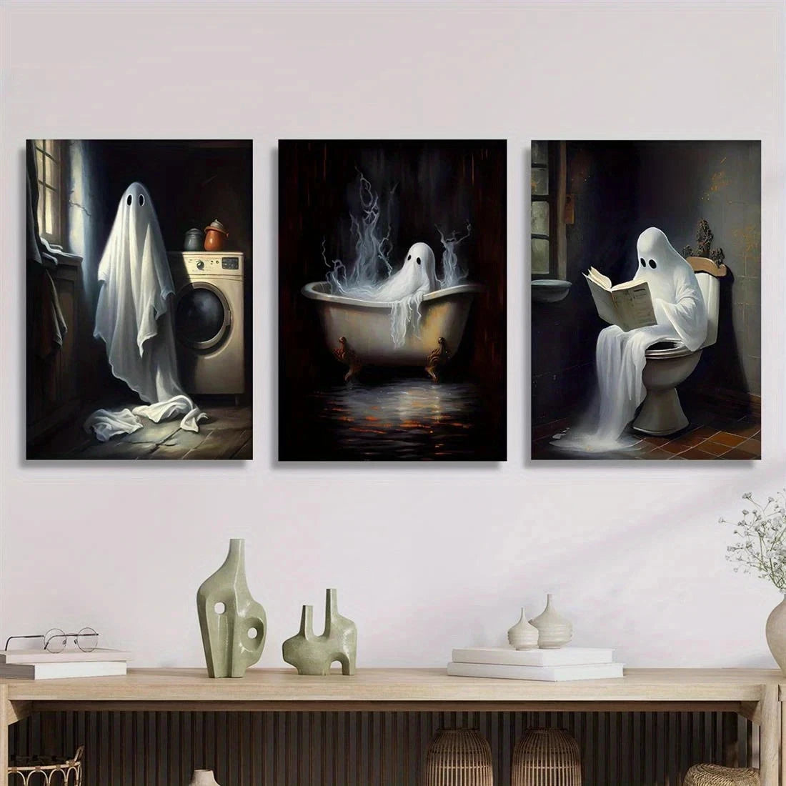 3pcs Charming Horror Ghostly Bathroom Scenes Metal Print Ready to Hang Art