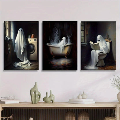 3pcs Charming Horror Ghostly Bathroom Scenes Metal Print Ready to Hang Art