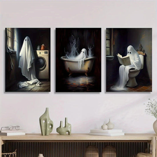 3pcs Charming Horror Ghostly Bathroom Scenes Metal Print Ready to Hang Art