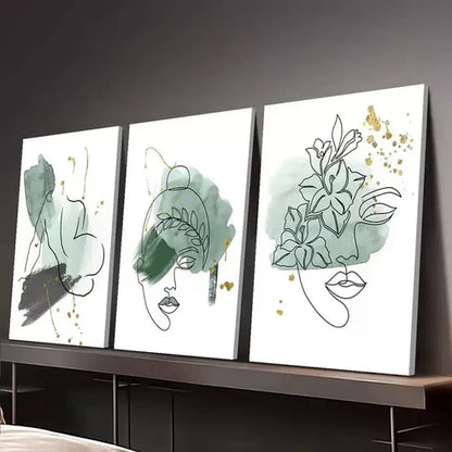 3pcs Abstract Green Sage Line Face Shape Canvas Unframed - High Quality Print 100% Australian Made Wall Canvas