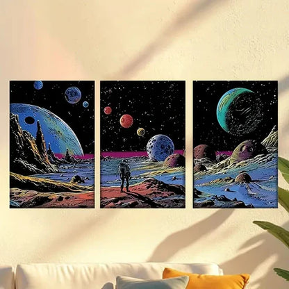 3pcs Style Posters of Man on Moon with Planets Wall Art Set Canvas Unframed – High Quality Print 100% Australian Made Wall Canvas