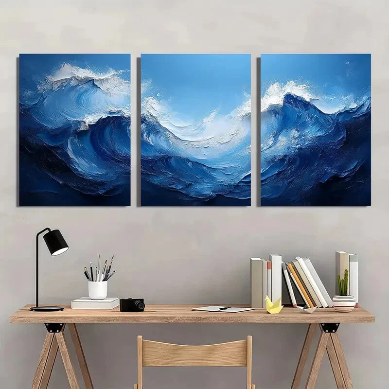 3pcs Dark Blue and White Abstract Wave Painting Metal Print Ready to Hang Art