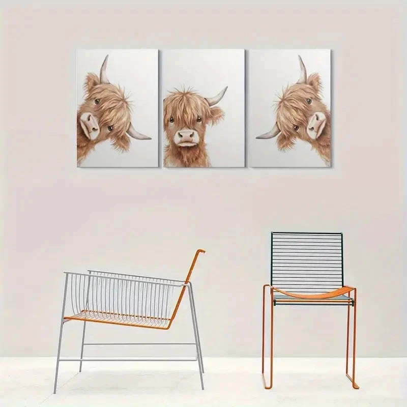 3pcs Cute Animal Highland Cow Wall Art Set Canvas Framed 60x90cm - High Quality Print 100% Australian Made Wall Canvas Ready to Hang