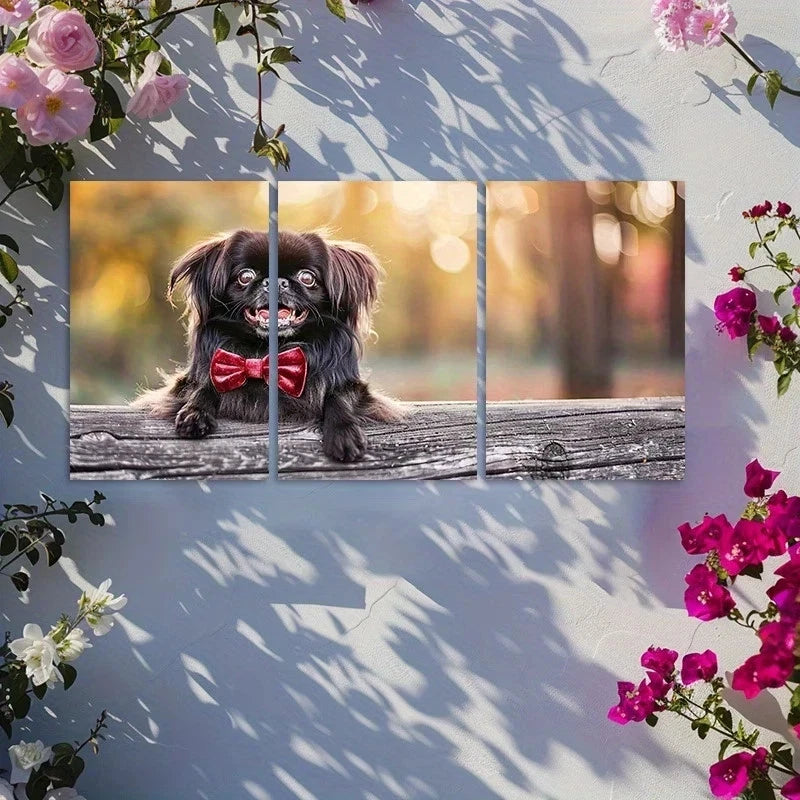 3pcs Cute Pekingese Dog Wearing A Red Velvet Bow Metal Print Ready to Hang Art