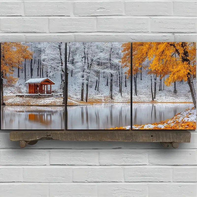 3pcs Autumn Snow Scenery with Cabin Metal Print Ready to Hang Art