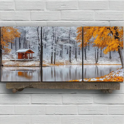 3pcs Autumn Snow Scenery with Cabin Metal Print Ready to Hang Art