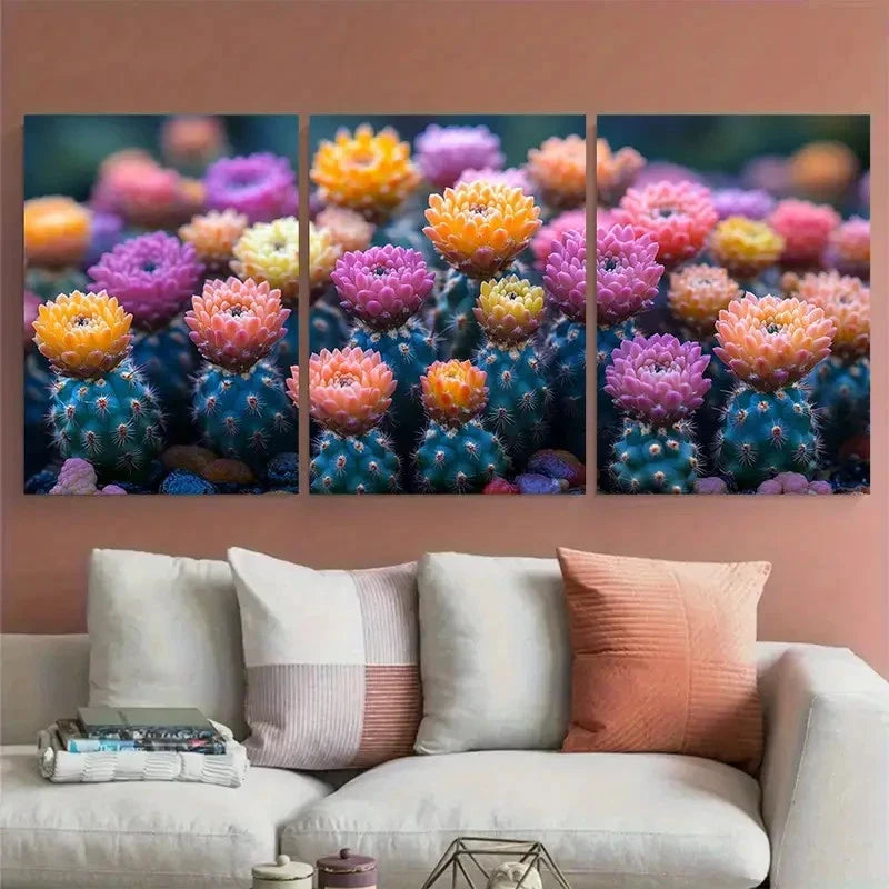 3pcs Vibrant Blooming Cactus Botanical Metal Print Ready to Hang Art