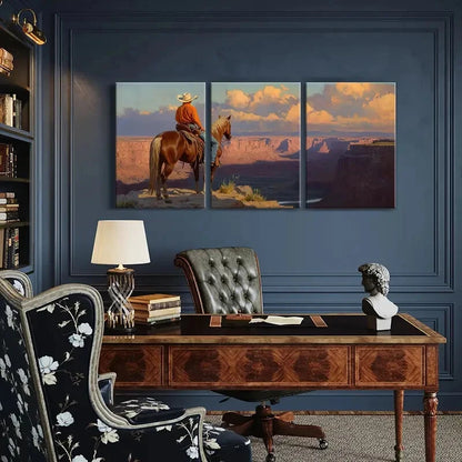 3pcs Western Cowboy On Horse Desert Landscape Metal Print Ready to Hang Art