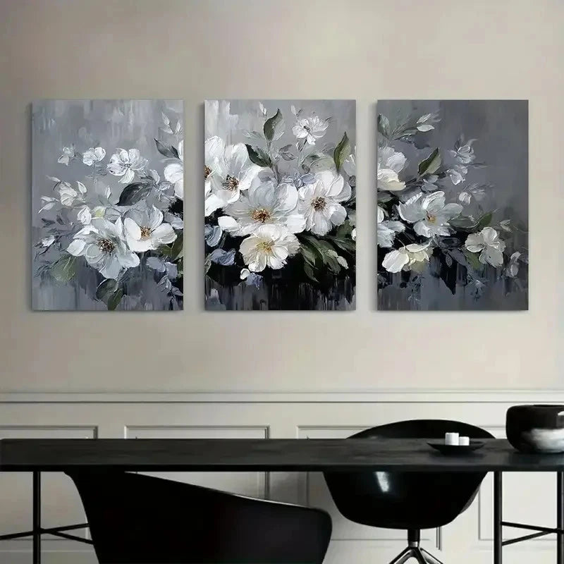 3pcs Large Floral Arrangement in White-Gray Tones Metal Print Ready to Hang Art