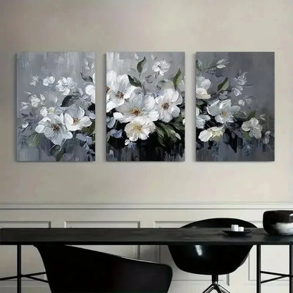 3pcs Large Floral Arrangement in White-Gray Tones Metal Print Ready to Hang Art
