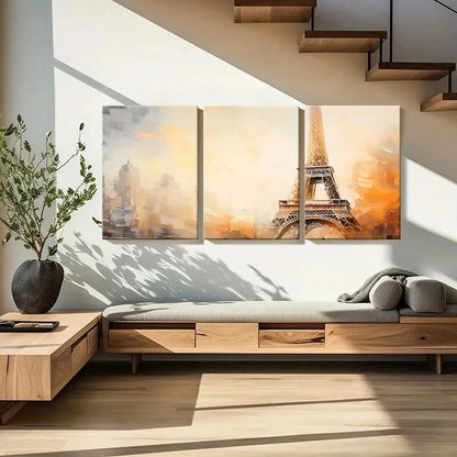 3pcs Eiffel Tower Abstract Golden Hue Cityscape Metal Print Ready to Hang Art