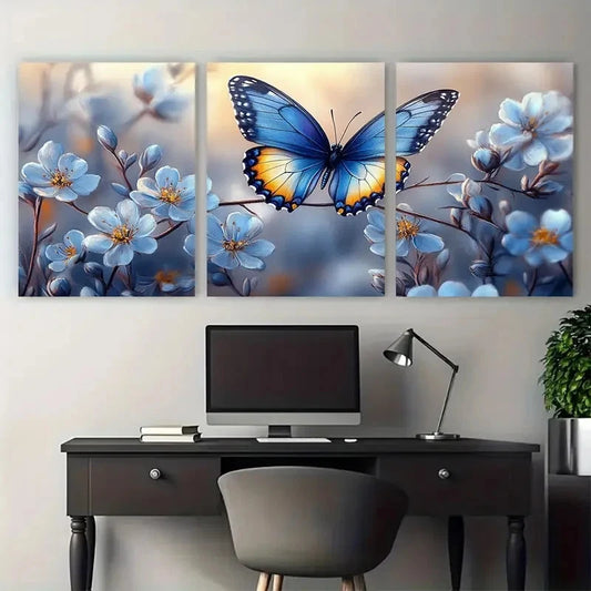 3pcs Delicate Flower Branch with Blue Butterfly Wall Art Set Canvas Framed 50x70cm - High Quality Print 100% Australian Made Wall Canvas Ready to Hang