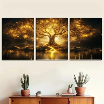 3pcs Vibrant Golden Tree Sunset &Starry Sky Design Metal Print Ready to Hang Art