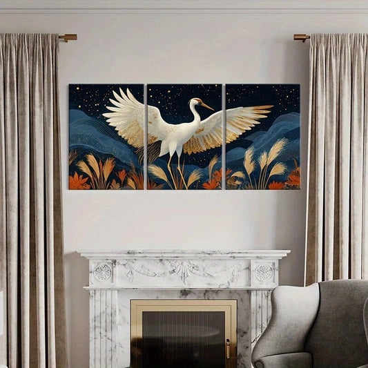 3pcs Golden Wings & Night Sky Oriental Style Metal Print Ready to Hang Art