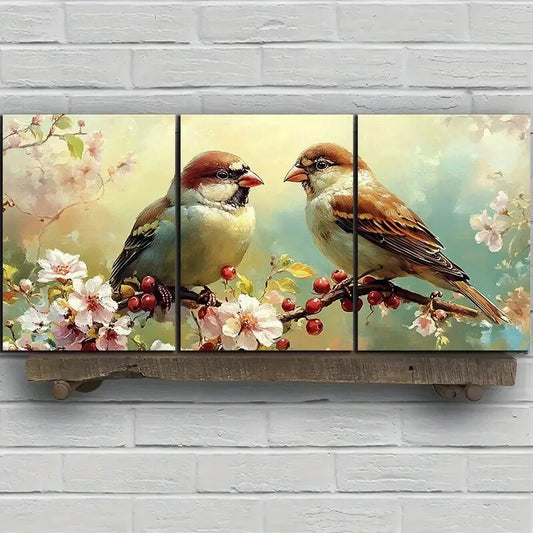 3pcs Birds on Blackberry Flowers Metal Print Ready to Hang Art