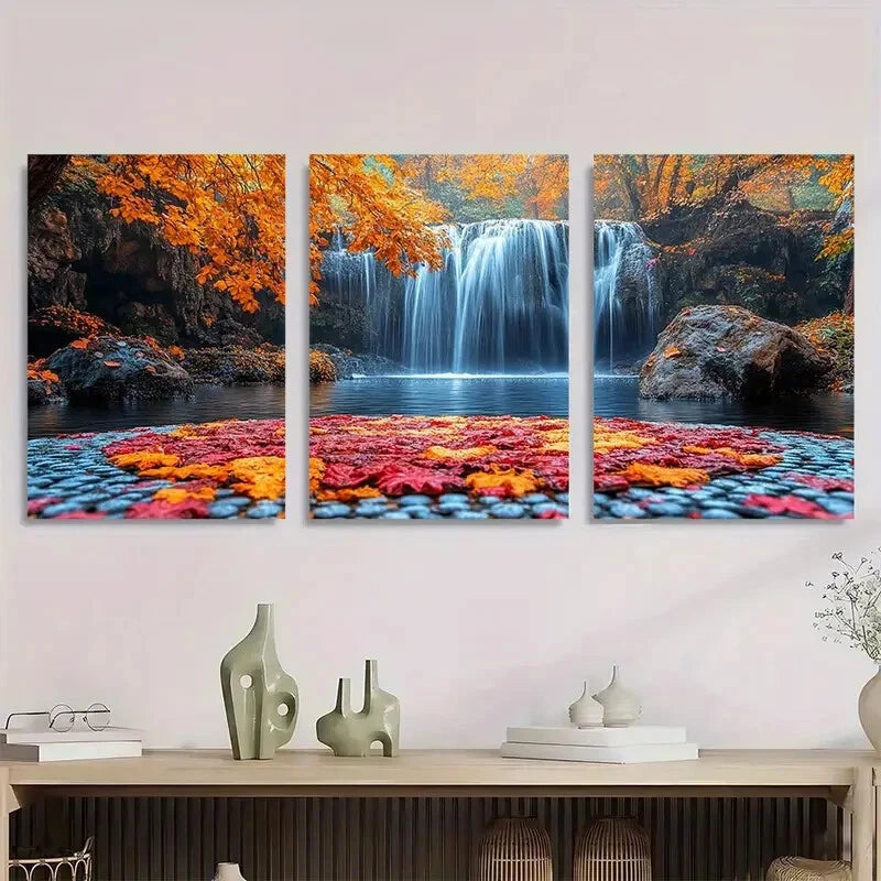 3pcs Floral Scenery Nature Inspired Waterfall Metal Print Ready to Hang Art