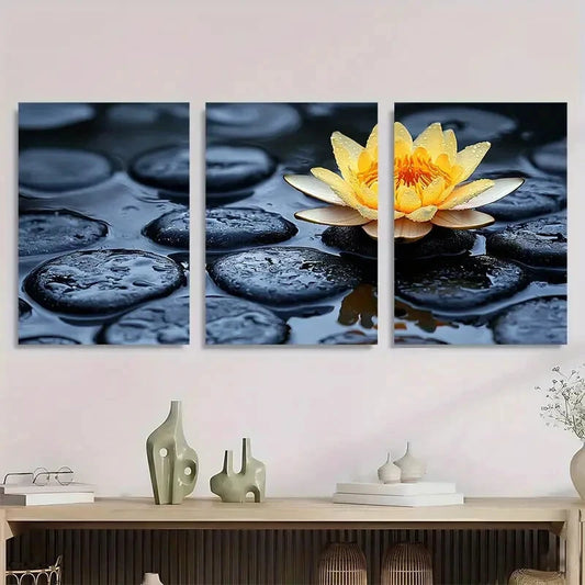 3pcs Lotus Flower and Black Stones Metal Print Ready to Hang Art