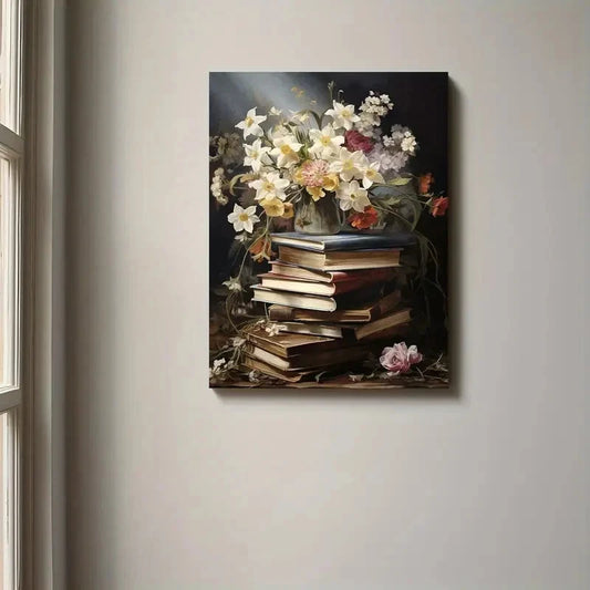 Beautiful Vintage Floral Bookstore Painting  40x60cm Metal Print Ready to Hang