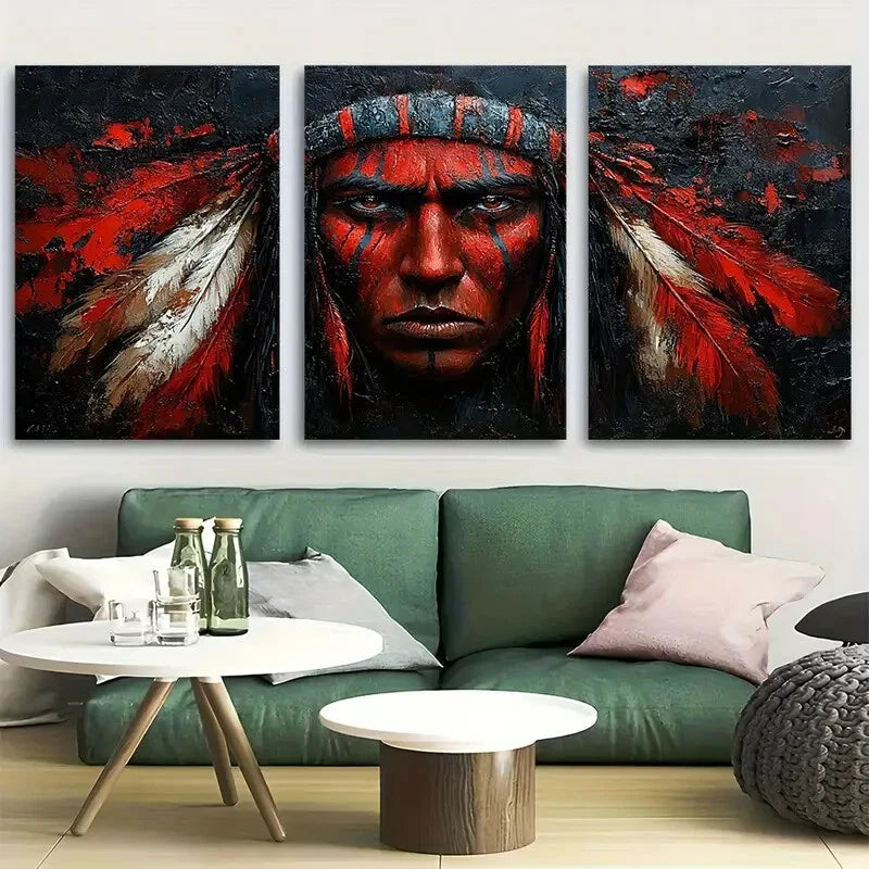 3pcs Indigenous Warrior with Feather Headdress Metal Print Ready to Hang Art