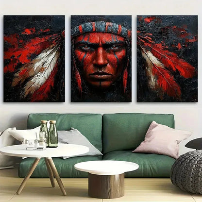 3pcs Indigenous Warrior with Feather Headdress Metal Print Ready to Hang Art