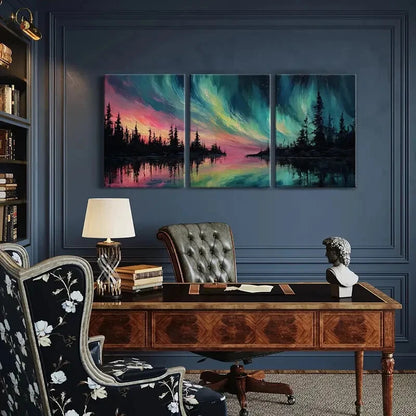 3pcs Northern Lights Forest Reflection Abstract Metal Print Ready to Hang Art