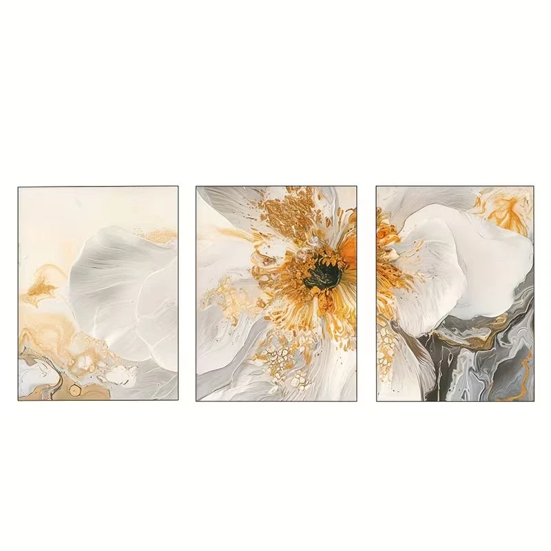 3pcs White Golden Abstract Floral Decor  Wall Art Set Canvas Framed 60x90cm - High Quality Print 100% Australian Made Wall Canvas Ready to Hang