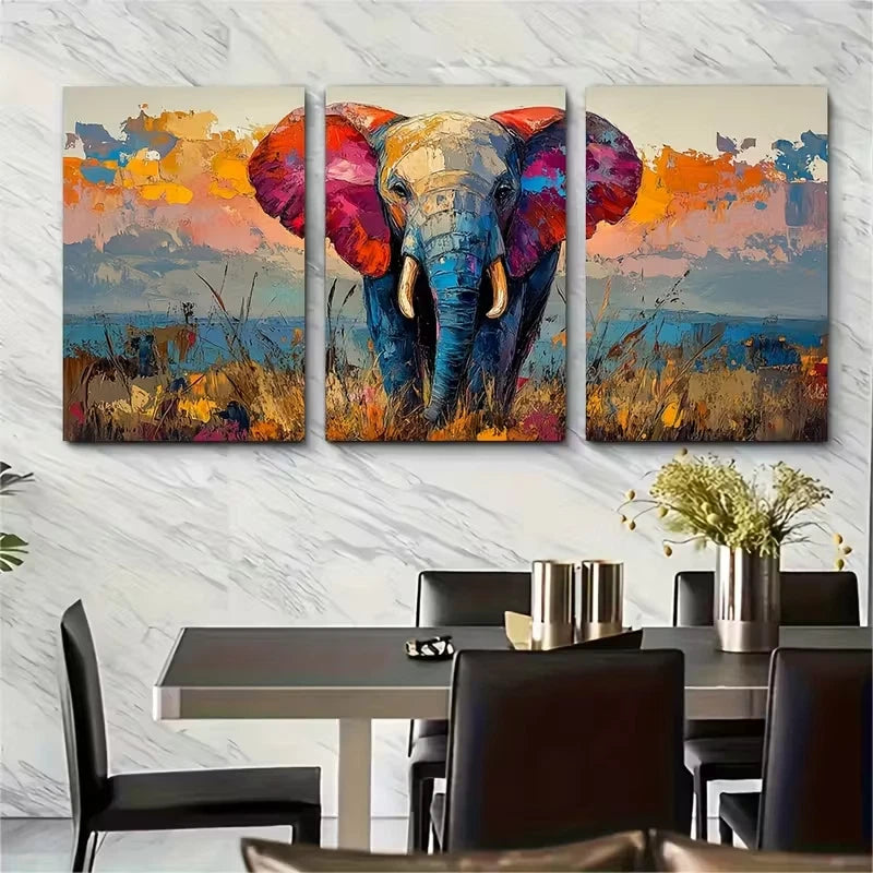 3pcs Abstract Travelling Elephant Metal Print Ready to Hang Art