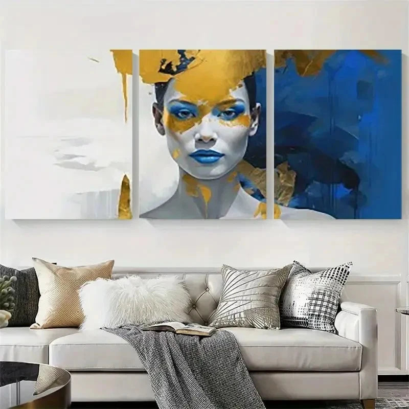 3pcs Blue Golden Abstract Portrait Wall Art Set Canvas Framed 60x90cm - High Quality Print 100% Australian Made Wall Canvas Ready to Hang