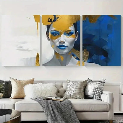 3pcs Blue Golden Abstract Portrait Wall Art Set Canvas Framed 60x90cm - High Quality Print 100% Australian Made Wall Canvas Ready to Hang