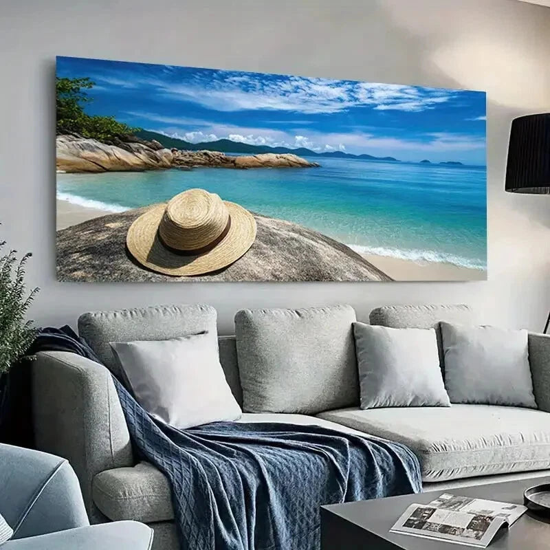 Vibrant Beach Hat Coastal wall canvas office home room framed 120x60cm - Bella Home Decor