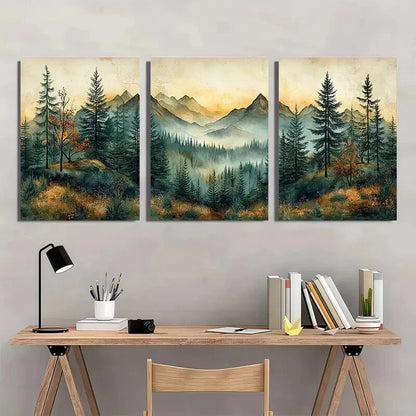 3pcs Vintage Pine Trees Forest Painting Wall Art Set Canvas Framed 40x60cm - High Quality Print 100% Australian Made Wall Canvas Ready to Hang