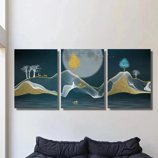 3pcs Light Luxury Theme with Deer, Birds, Elk, Metal Print Ready to Hang Art