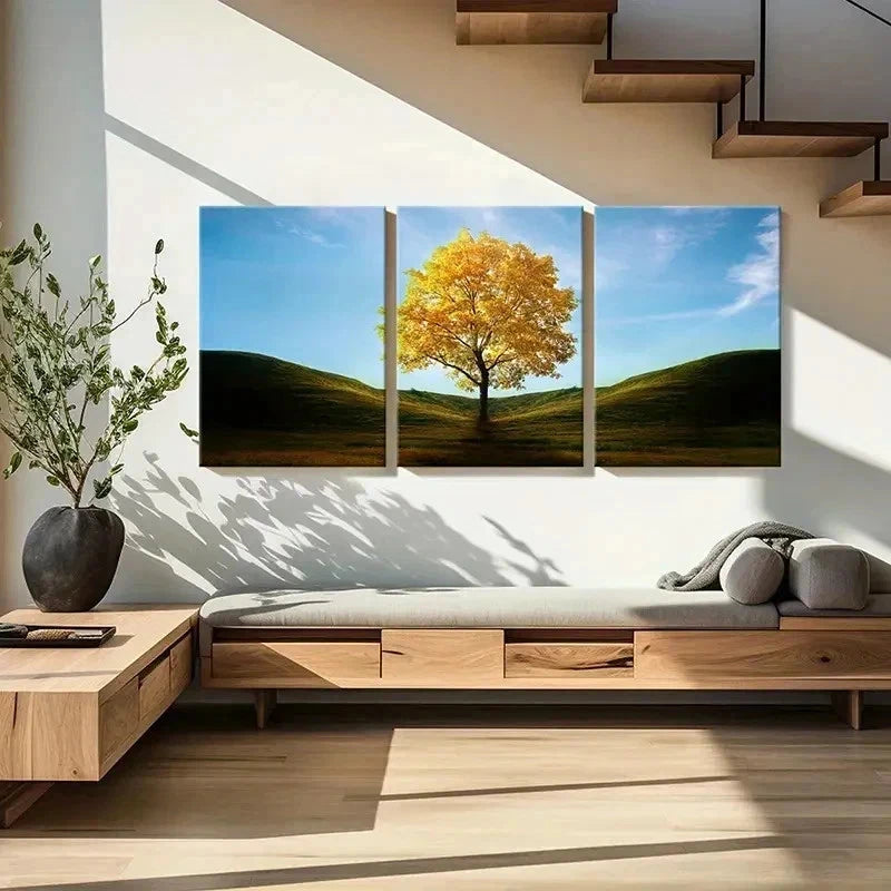 3pcs Golden Trees In The Valley Modern Wall Art Set Canvas Framed 40x60cm - High Quality Print 100% Australian Made Wall Canvas Ready to Hang
