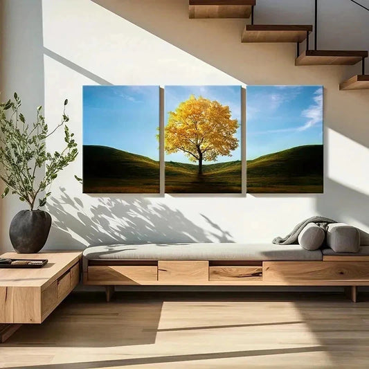3pcs Golden Trees In The Valley Modern Wall Art Set Canvas Framed 40x60cm - High Quality Print 100% Australian Made Wall Canvas Ready to Hang