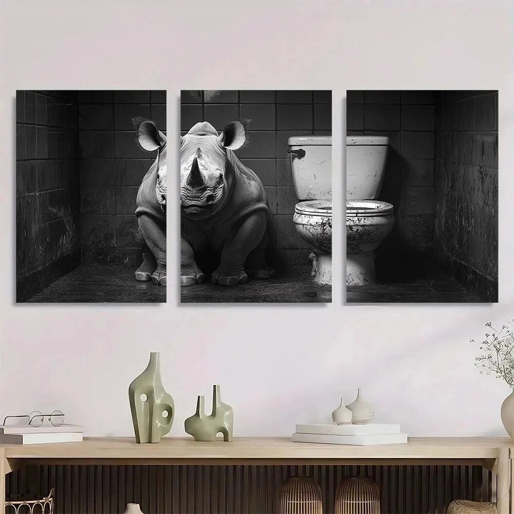 3pcs Humorous Rhino Black And White Metal Print Ready to Hang Art