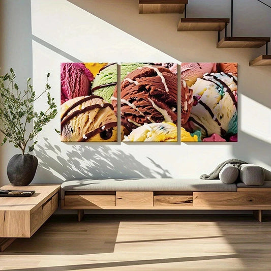3pcs Chocolate Vanilla Ice Cream Rainbow Scoops Metal Print Ready to Hang Art