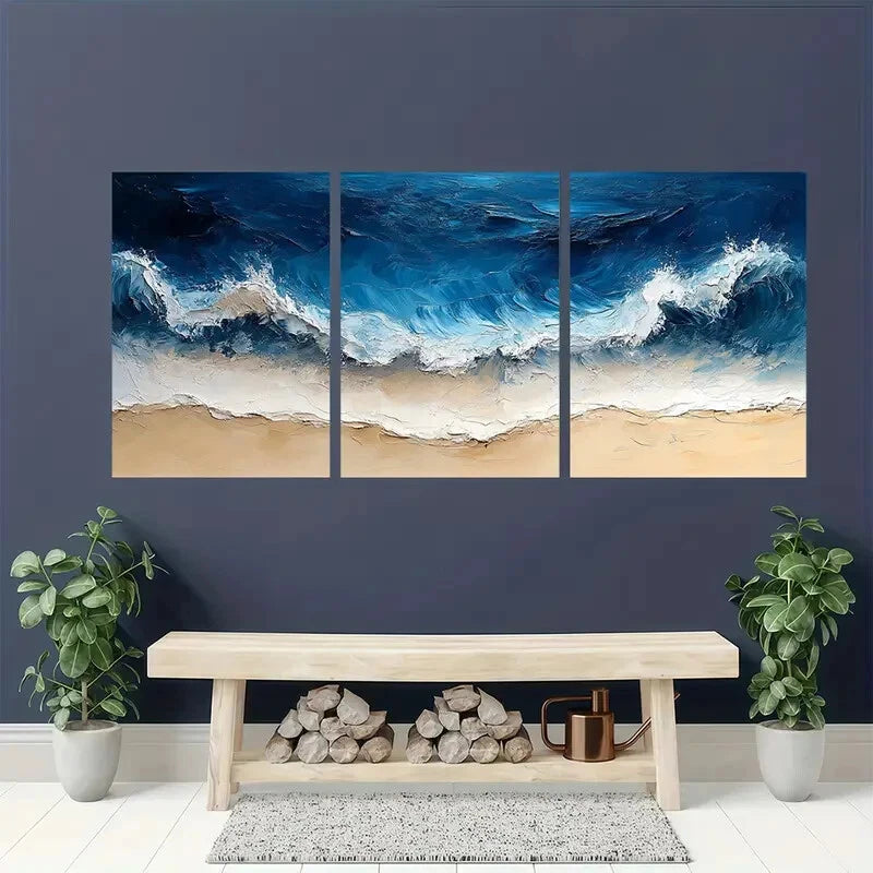 3pcs Abstract Blue Ocean Wave Beach Oil Painting Metal Print Ready to Hang Art
