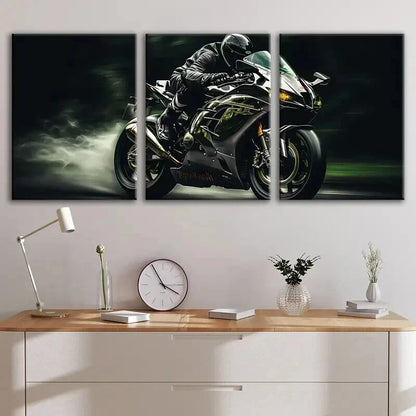 3pcs Dynamic Rider & Grceen Motorcycle Perfect Wall Art Set Canvas Framed 40x60cm - High Quality Print 100% Australian Made Wall Canvas Ready to Hang