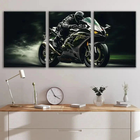 3pcs Dynamic Rider & Grceen Motorcycle Perfect Wall Art Set Canvas Framed 40x60cm - High Quality Print 100% Australian Made Wall Canvas Ready to Hang