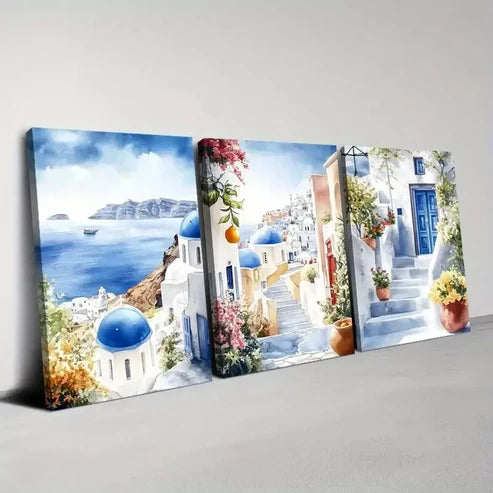 3pcs Beautiful Santorini with Floral & Lake View Wall Art Canvas Unframed - High Quality Print 100% Australian Made Wall Canvas