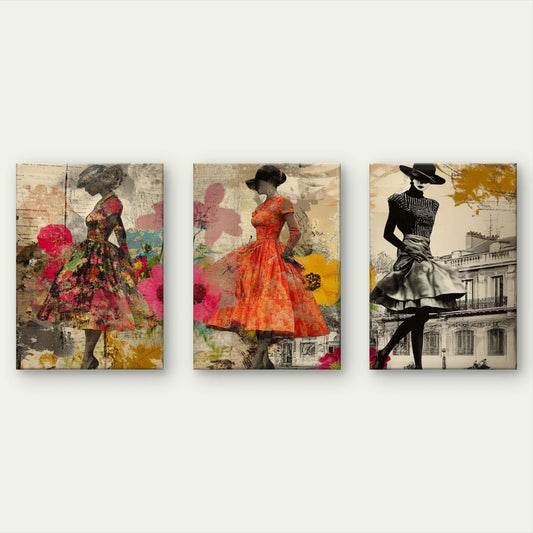 3pcs Vintage Fashion & Floral Ladies Collage Art Wall Art Set Canvas Framed 40x60cm - High Quality Print 100% Australian Made Wall Canvas Ready to Hang