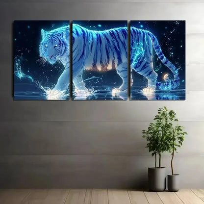 3pcs Glowing White Tiger Hyper-Realistic Metal Print Ready to Hang Art