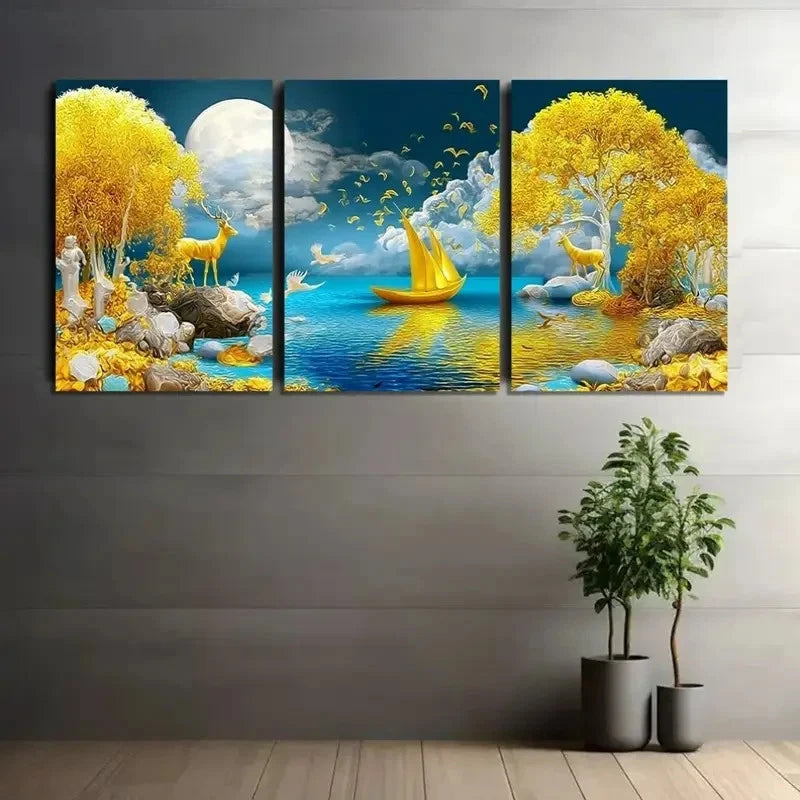 3pcs Fantasy Landscape with Yellow Trees Metal Print Ready to Hang Art
